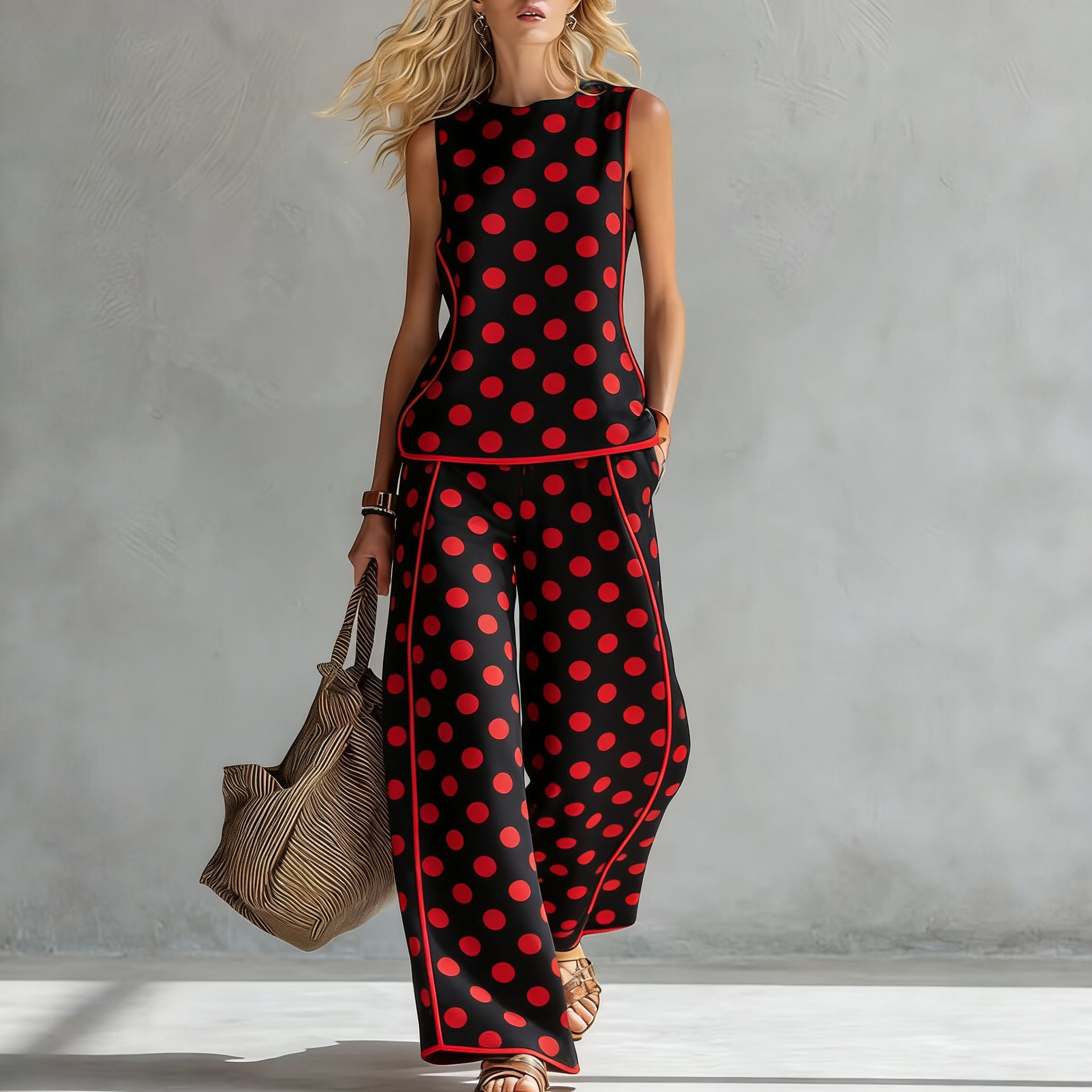 Women's Casual Sleeveless Printed Wide-Leg Pants Two-Piece Set