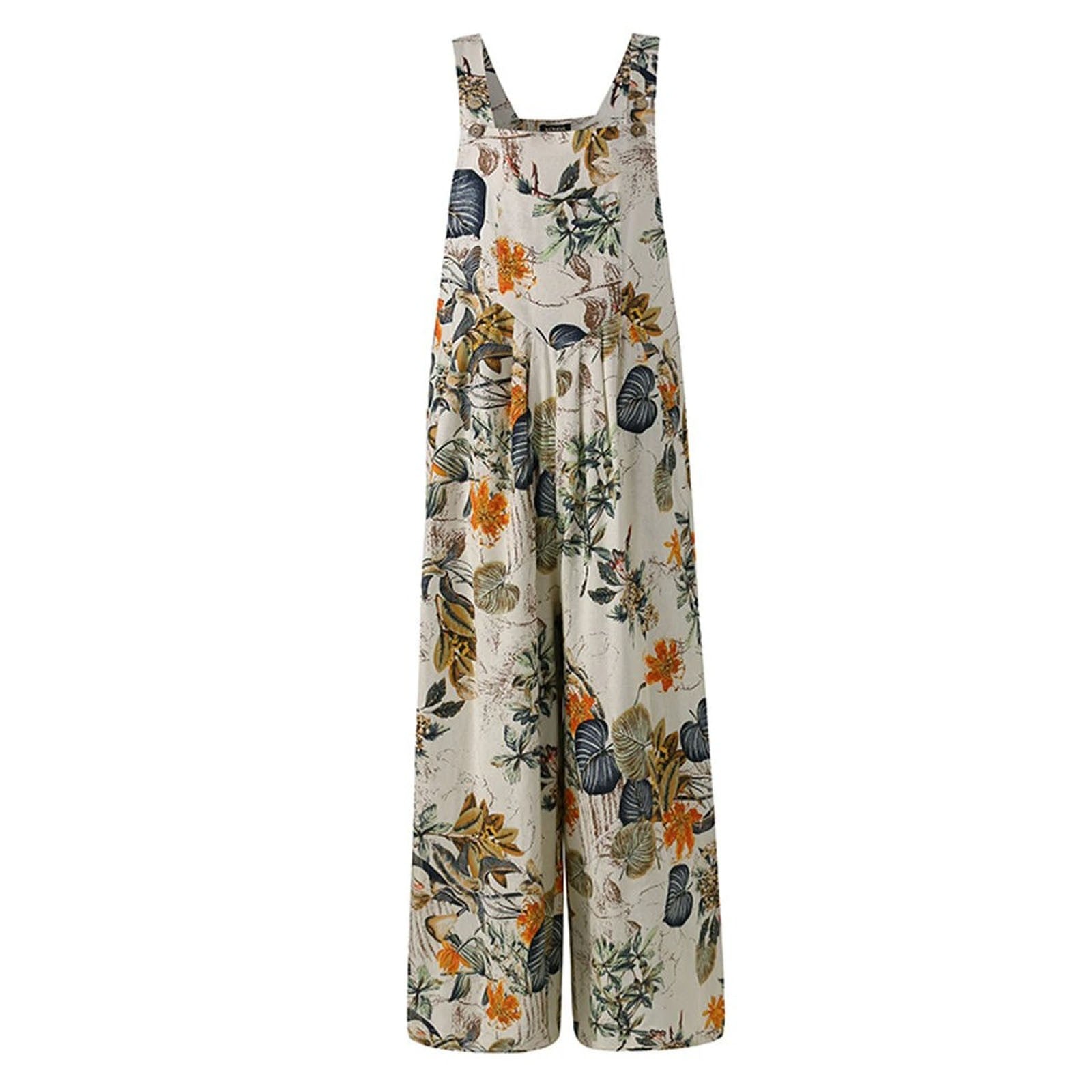 Boho Patchwork Printed Loose Jumpsuit – Casual Button Suspender Overalls with Pockets