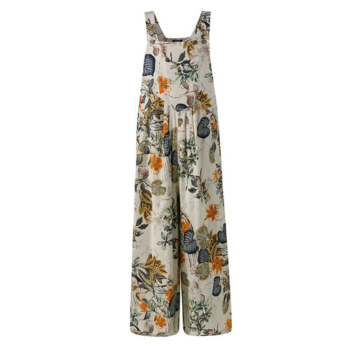 Boho Patchwork Printed Loose Jumpsuit – Casual Button Suspender Overalls with Pockets
