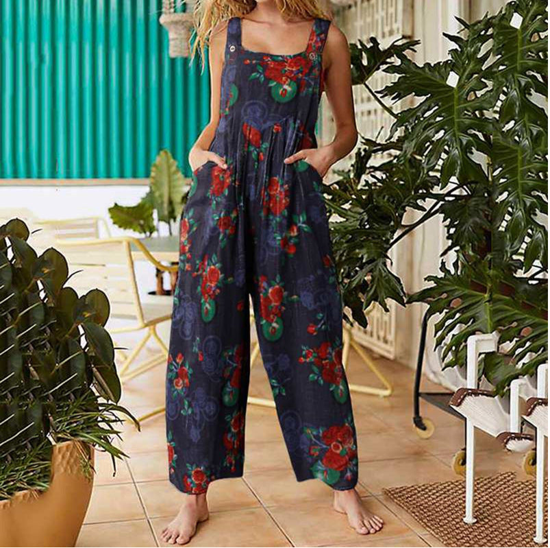 Boho Patchwork Printed Loose Jumpsuit – Casual Button Suspender Overalls with Pockets