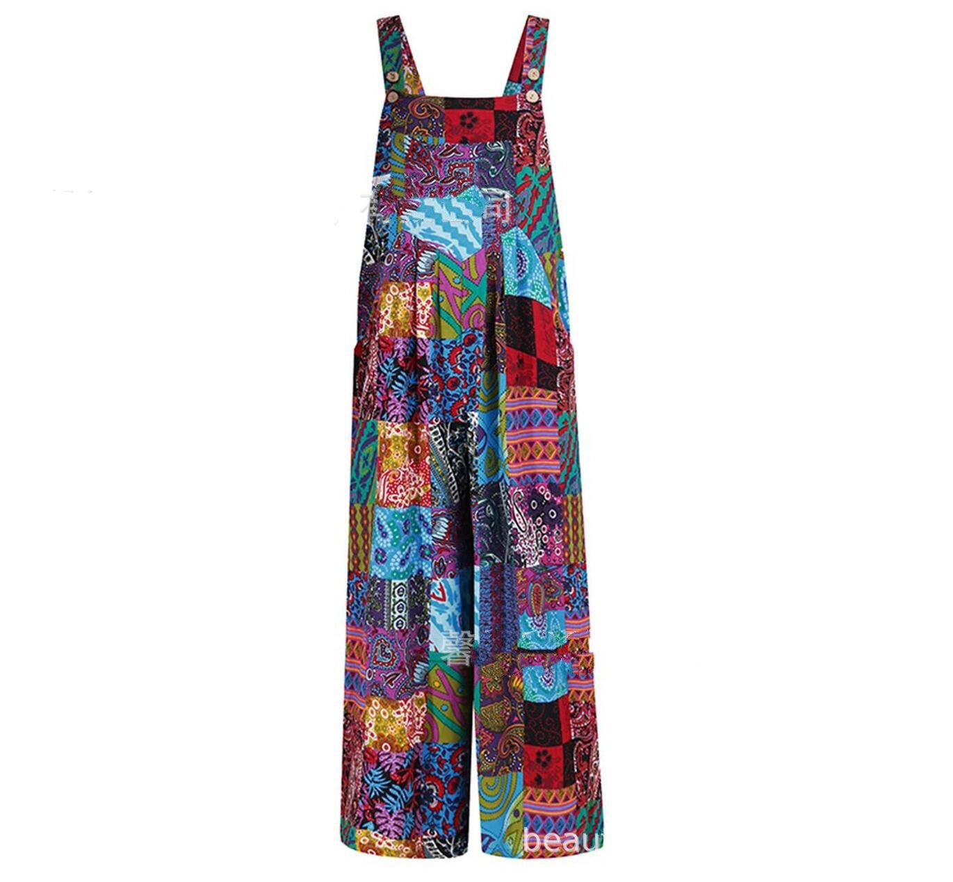 Boho Patchwork Printed Loose Jumpsuit – Casual Button Suspender Overalls with Pockets