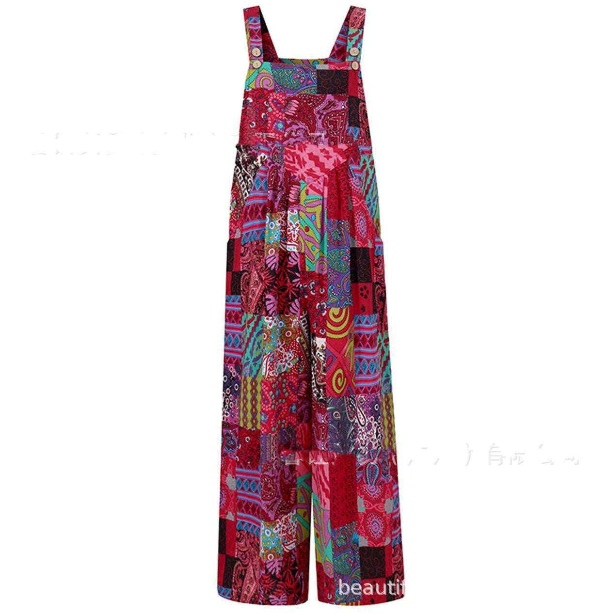 Boho Patchwork Printed Loose Jumpsuit – Casual Button Suspender Overalls with Pockets