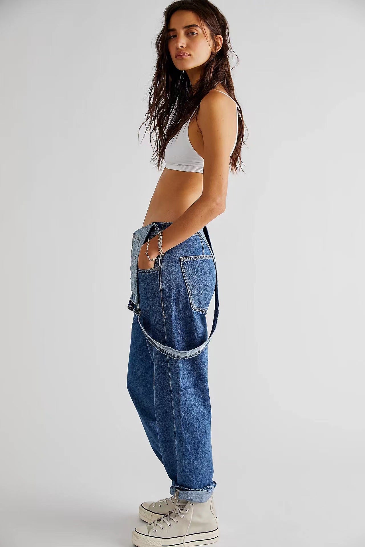 Women’s High Waisted Denim Overalls – Loose Fit Wide Leg Jumpsuit with Pockets