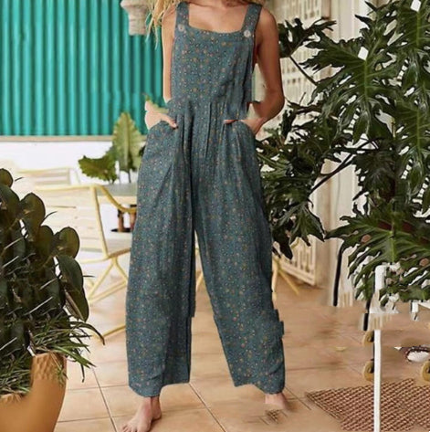 Boho Patchwork Printed Loose Jumpsuit – Casual Button Suspender Overalls with Pockets