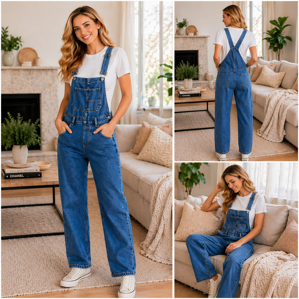 Women’s High Waisted Denim Overalls – Loose Fit Wide Leg Jumpsuit with Pockets