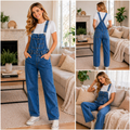 Women’s High Waisted Denim Overalls – Loose Fit Wide Leg Jumpsuit with Pockets
