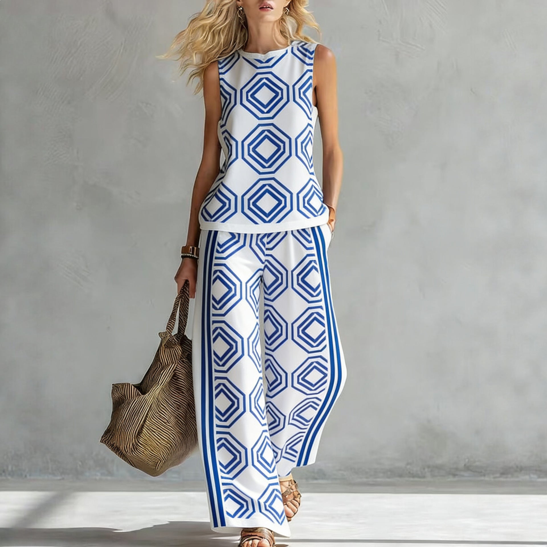 Women's Casual Sleeveless Printed Wide-Leg Pants Two-Piece Set