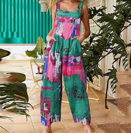Boho Patchwork Printed Loose Jumpsuit – Casual Button Suspender Overalls with Pockets