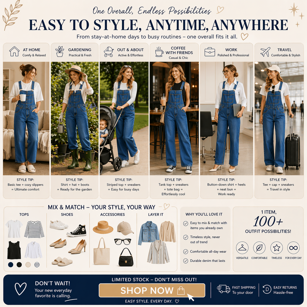 Women’s High Waisted Denim Overalls – Loose Fit Wide Leg Jumpsuit with Pockets