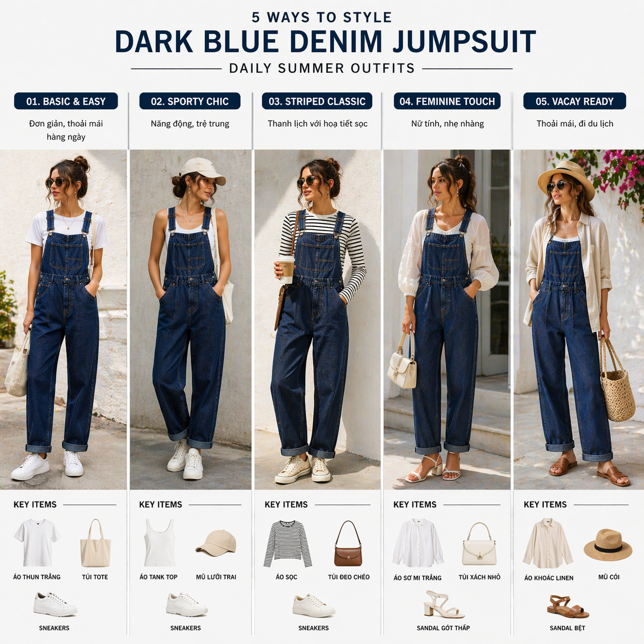 Women’s High Waisted Denim Overalls – Loose Fit Wide Leg Jumpsuit with Pockets