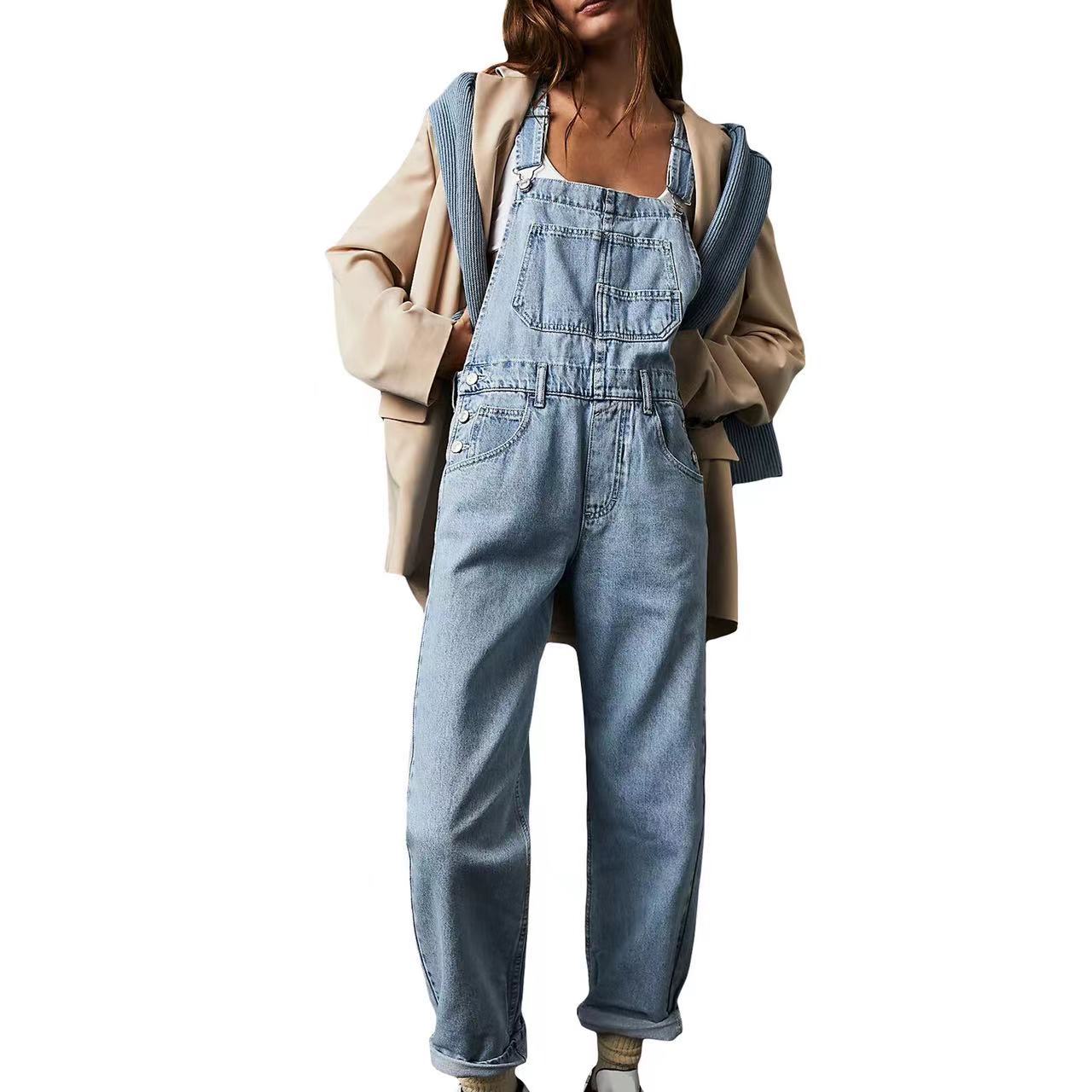Women’s High Waisted Denim Overalls – Loose Fit Wide Leg Jumpsuit with Pockets