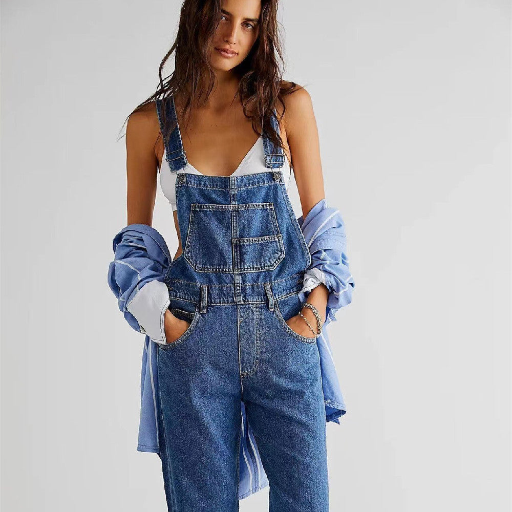Women’s High Waisted Denim Overalls – Loose Fit Wide Leg Jumpsuit with Pockets