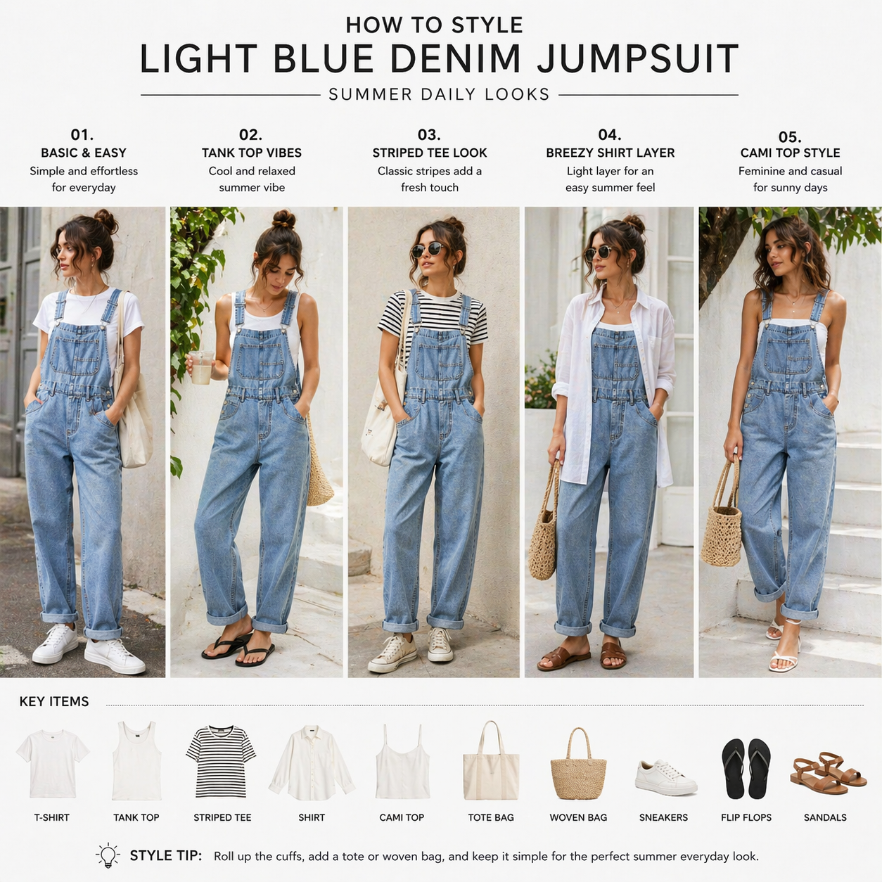 Light blue denim jumpsuit styled for different summer looks with text and icons.


