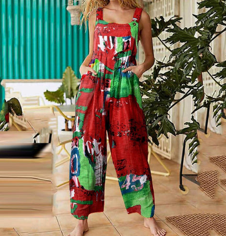 Boho Patchwork Printed Loose Jumpsuit – Casual Button Suspender Overalls with Pockets