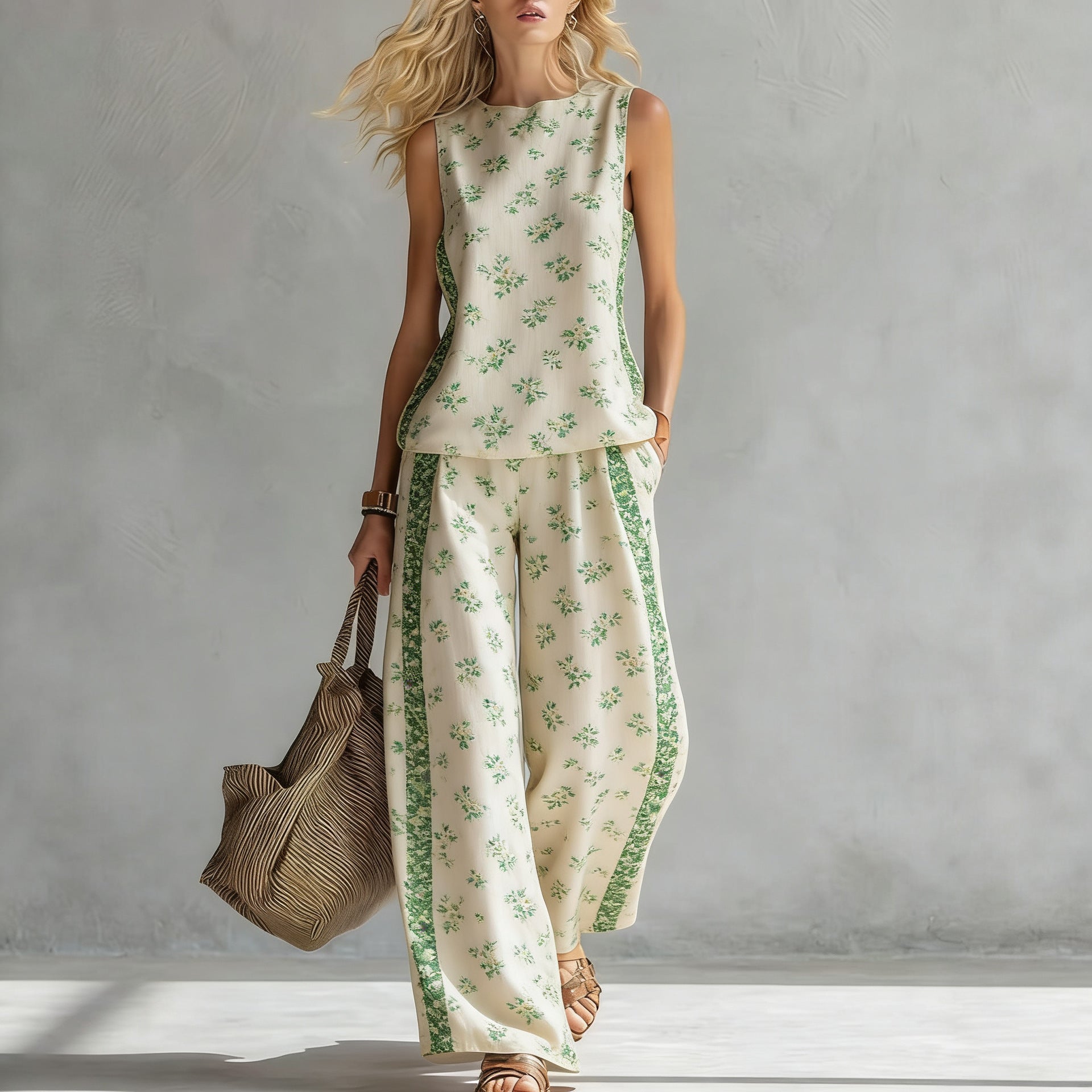 Women's Casual Sleeveless Printed Wide-Leg Pants Two-Piece Set
