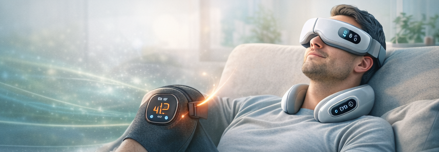 Advertisement for smart wellness technology with devices and text on a blue gradient background