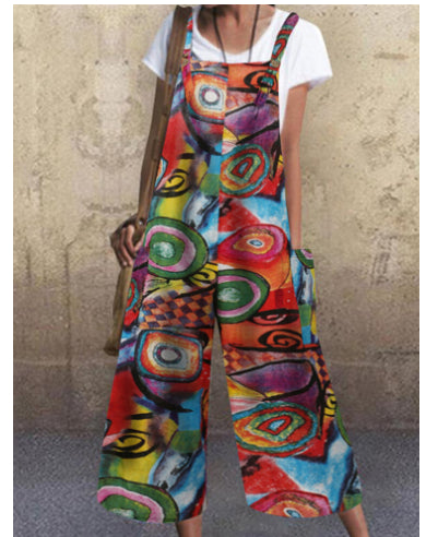 Boho Patchwork Printed Loose Jumpsuit – Casual Button Suspender Overalls with Pockets