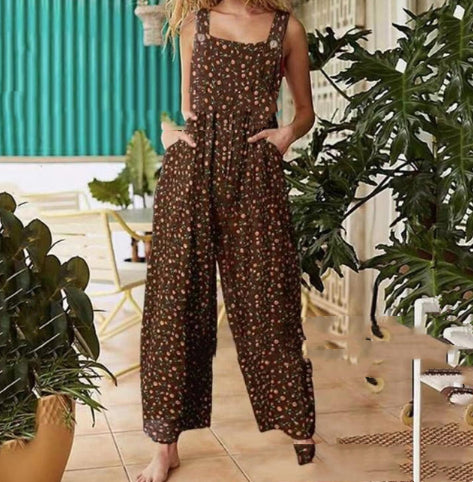 Boho Patchwork Printed Loose Jumpsuit – Casual Button Suspender Overalls with Pockets