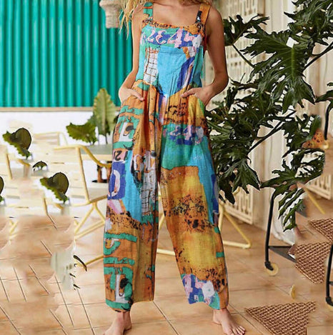 Boho Patchwork Printed Loose Jumpsuit – Casual Button Suspender Overalls with Pockets