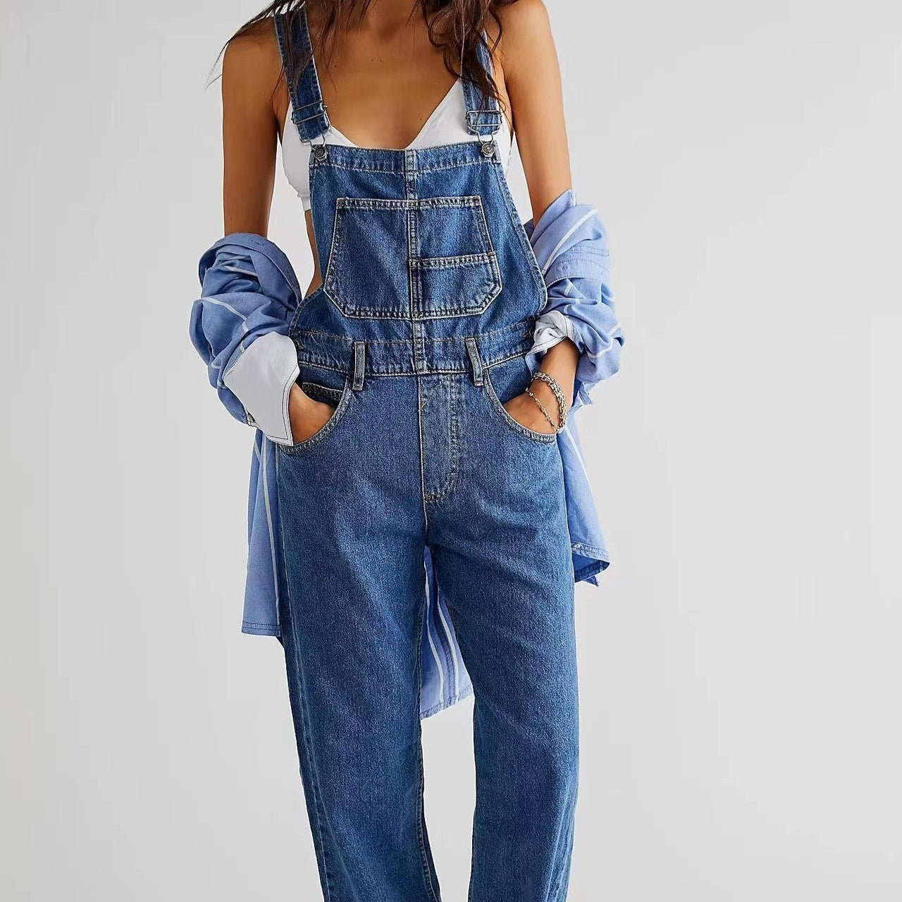 Women’s High Waisted Denim Overalls – Loose Fit Wide Leg Jumpsuit with Pockets