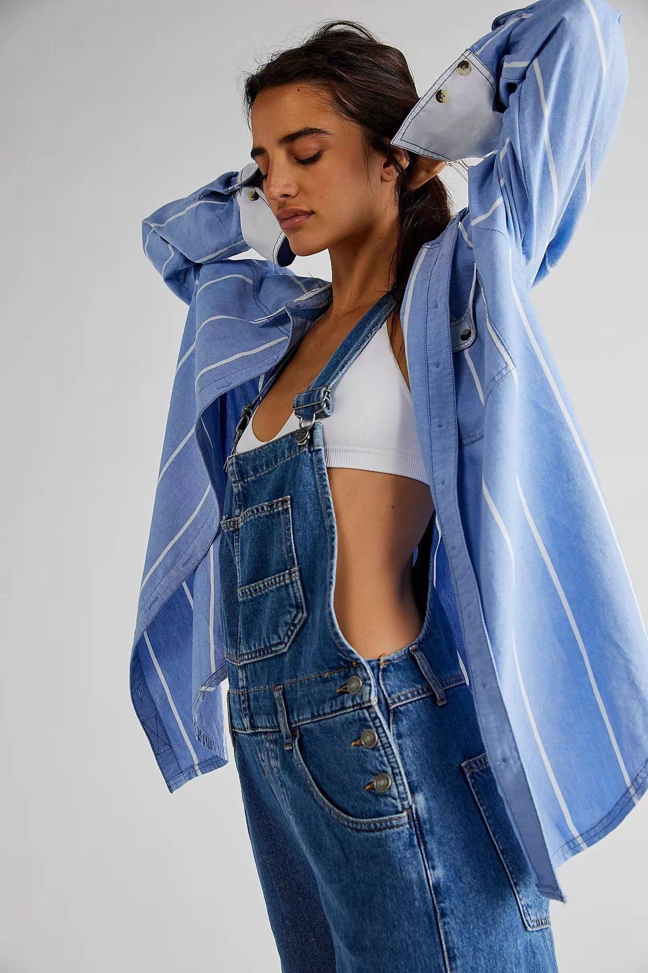 Women’s High Waisted Denim Overalls – Loose Fit Wide Leg Jumpsuit with Pockets