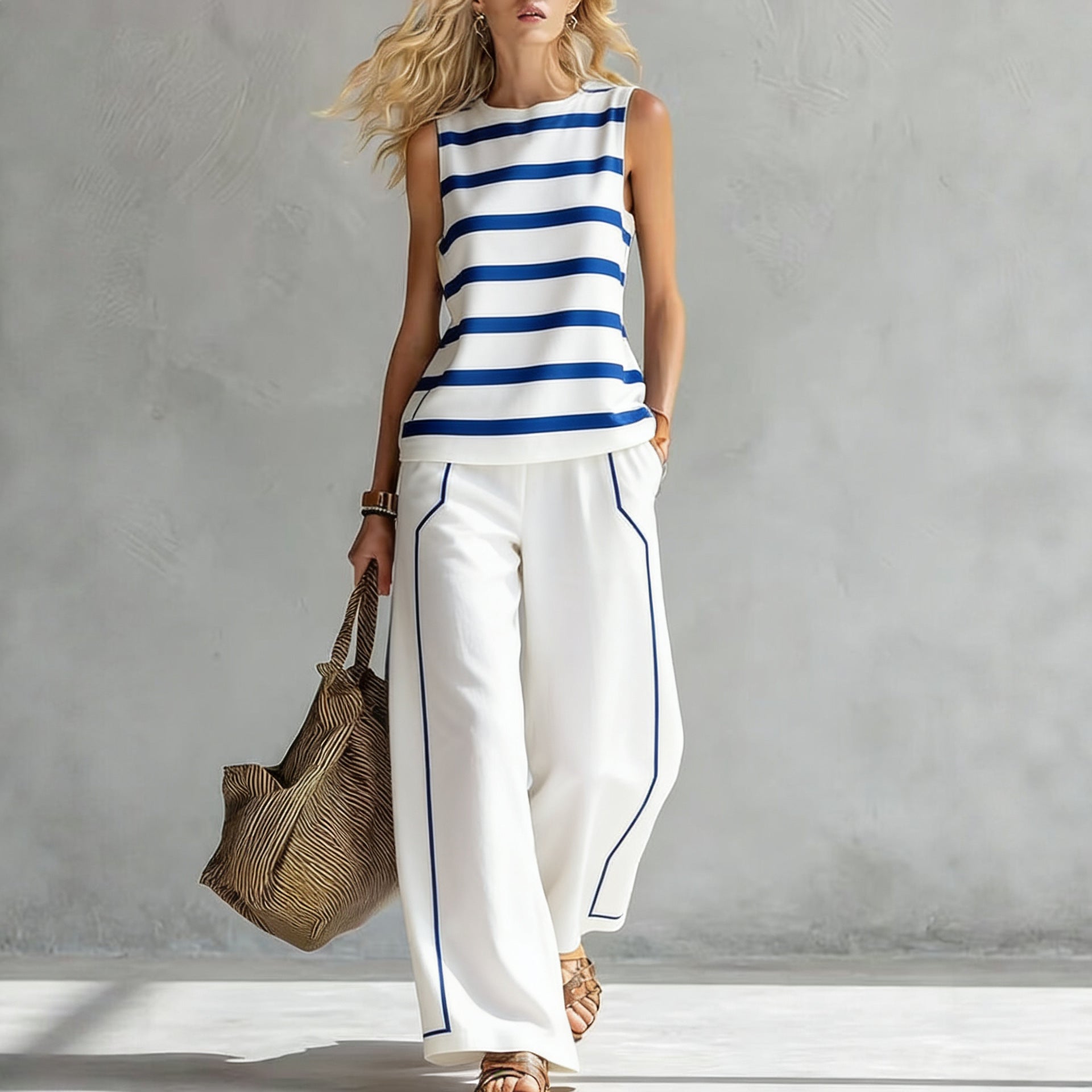 Women's Casual Sleeveless Printed Wide-Leg Pants Two-Piece Set